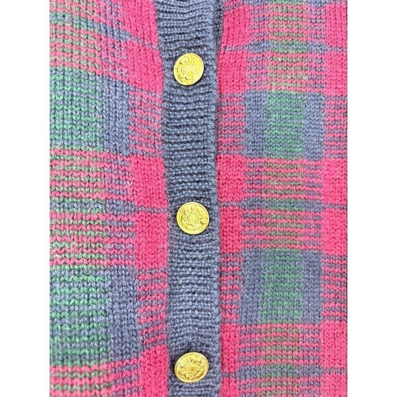 Vintage Jos A Bank Plaid Wool Cardigan Gold Button Red Blue Medium - Picture 4 of 5